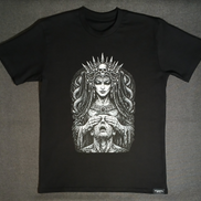 Black t-shirt with a graphic design of a woman with a skull headdress on a gray background.