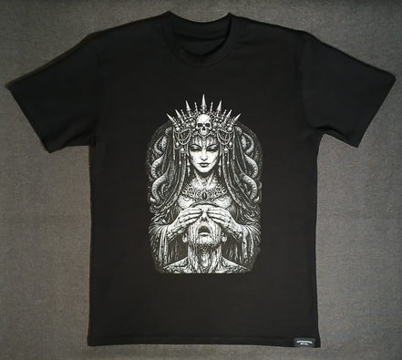Black t-shirt with a graphic design of a woman with a skull headdress on a gray background.