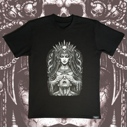 Black T-Shirt with a black & white illustration of a dark goddess with her hands over a man's eyes.