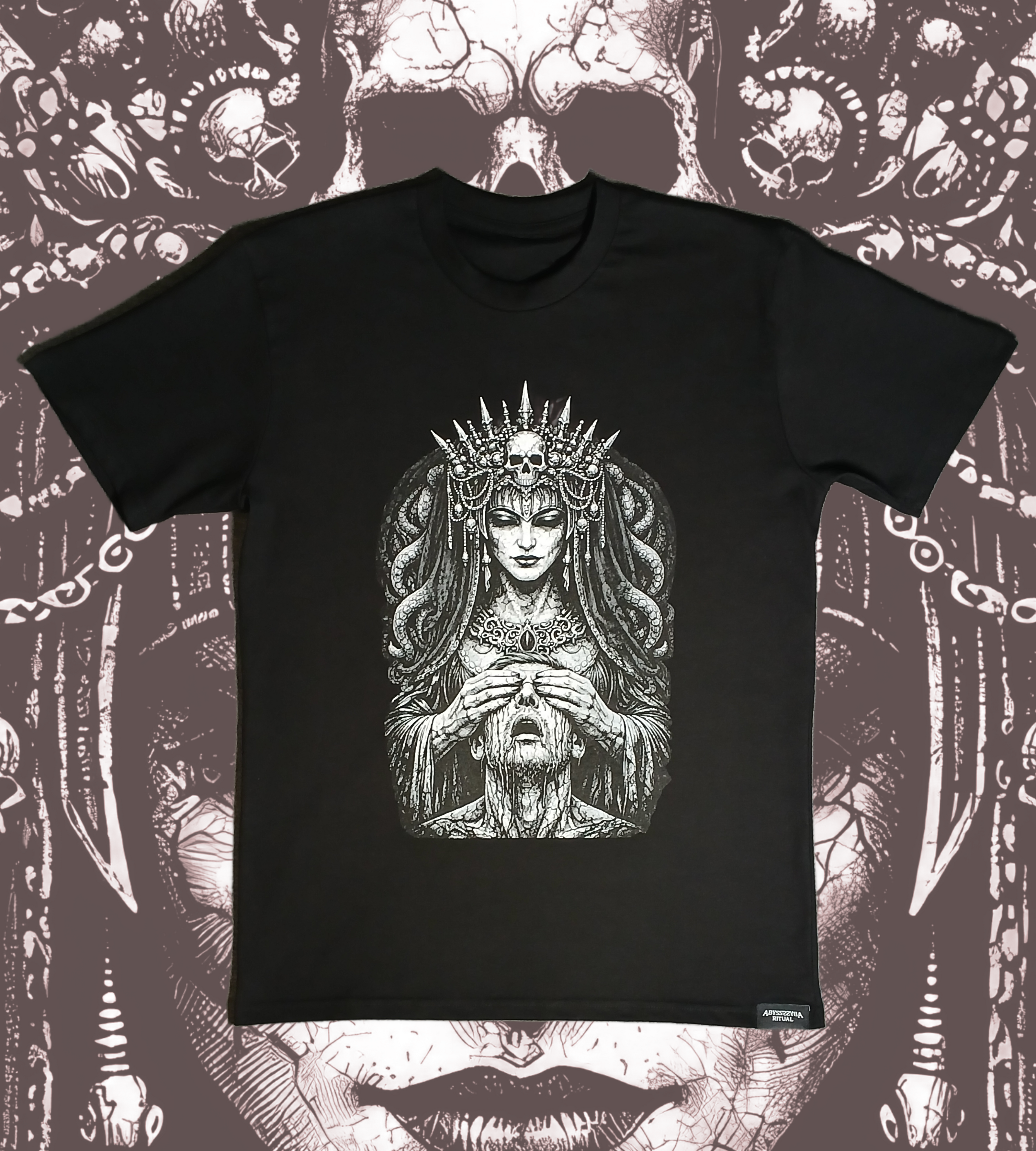 Black T-Shirt with a black & white illustration of a dark goddess with her hands over a man's eyes.