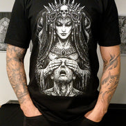 Male wearing black T-Shirt with white printed design.