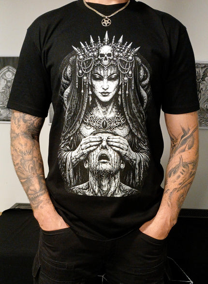 Male wearing black T-Shirt with white printed design.