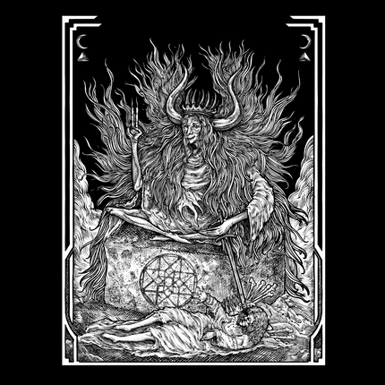 Black and white illustration of a deity with long hair and horns, holding a trident, on a dark background.