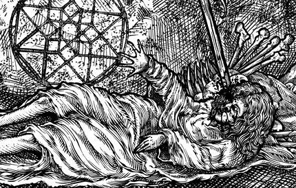 Black and white illustration of a person being stabbed with a sword.