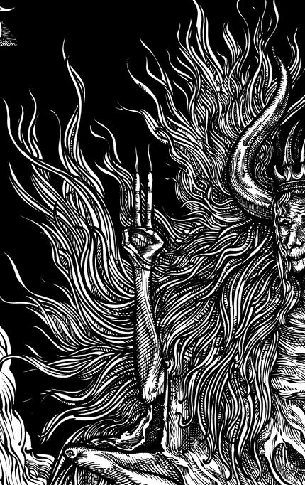Black and white illustration of a deity with long hair making a gesture with one hand.