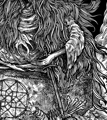 Black and white illustration of an entity holding a sword.