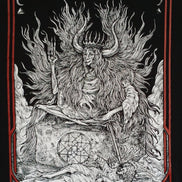 Illustration of a deity with long hair and a crown, holding a sword, on a black background with red border.