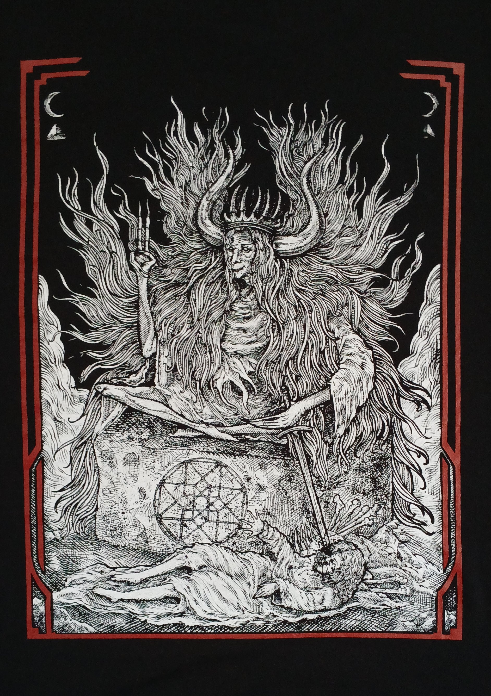 Illustration of a deity with long hair and a crown, holding a sword, on a black background with red border.