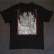 Black t-shirt with a detailed graphic design on the back against a dark background