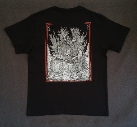 Black t-shirt with a detailed graphic design on the back against a dark background