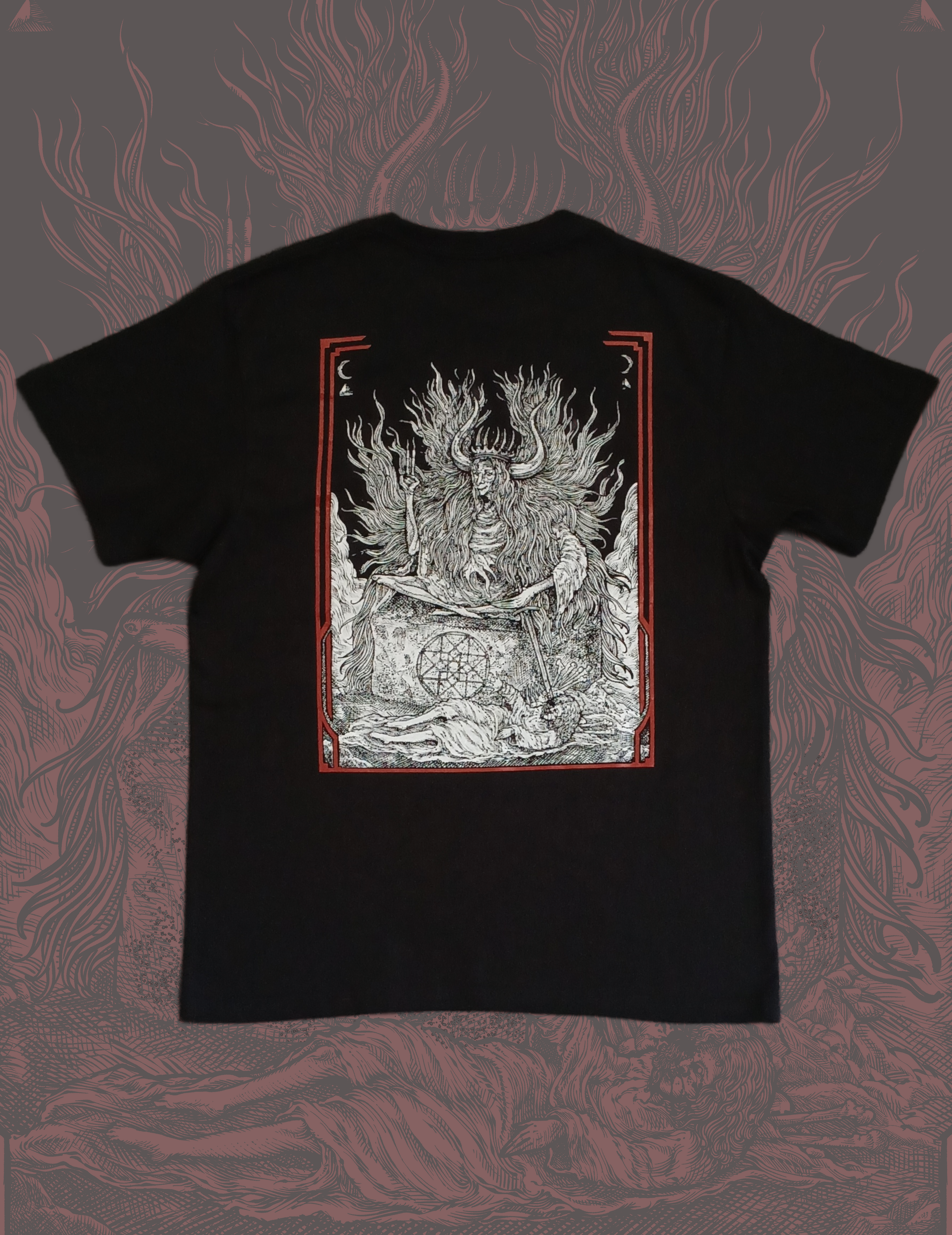 Black T-Shirt with black & white illustration.