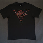 Black t-shirt with red sigil design on a gray background