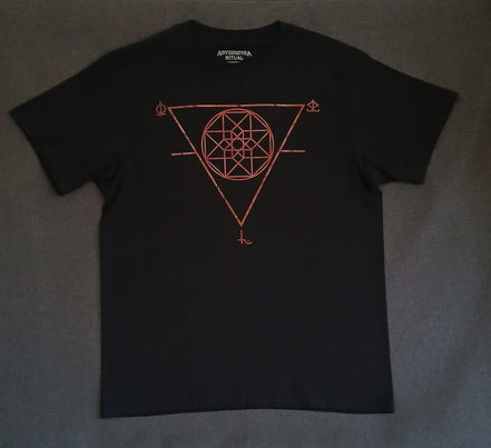 Black t-shirt with red sigil design on a gray background
