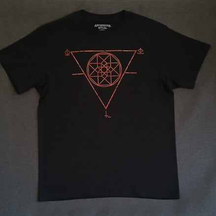 Black t-shirt with red sigil design on a gray background