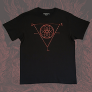 Black T-Shirt with red geometric logo.