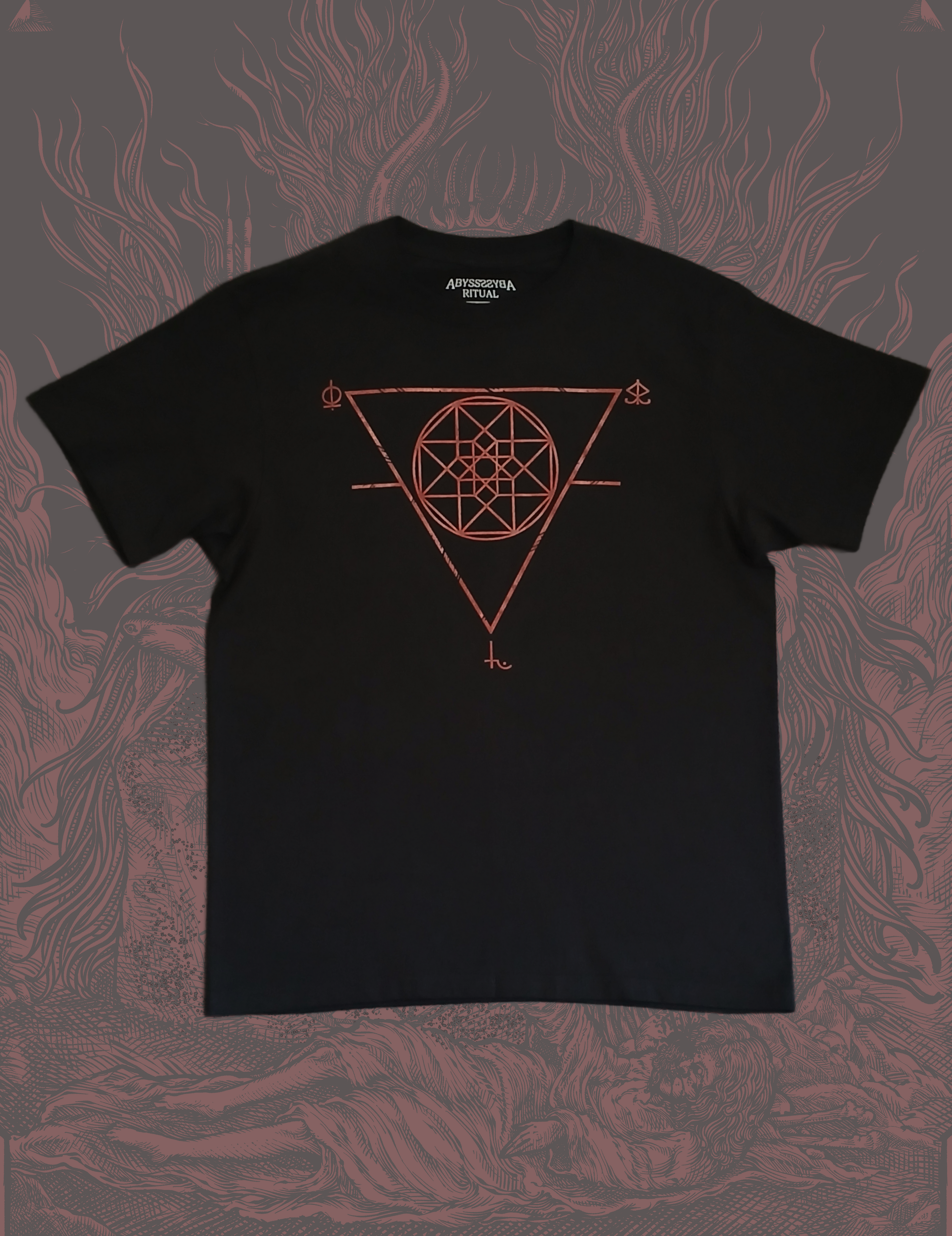Black T-Shirt with red geometric logo.