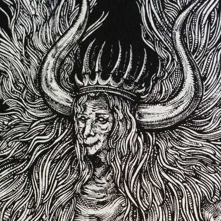 Black and white illustration of a figure with long hair and horns.